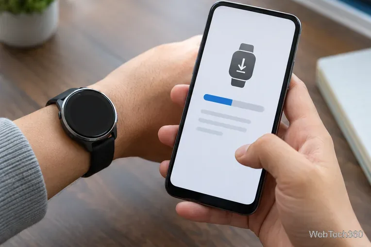 スマートフォンの横に装着されたスマートウォッチには、ウェアラブルソフトウェアのダウンロード進行状況バーが表示されている。