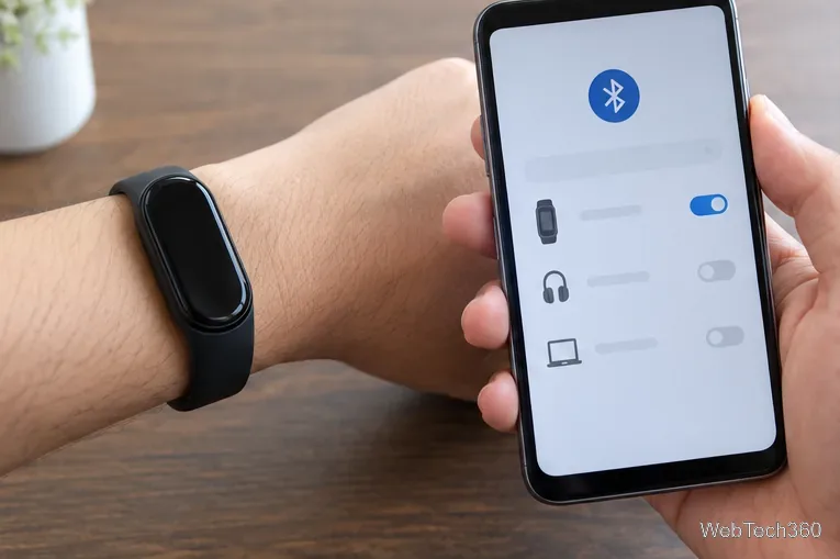 スマートフォンの横に装着したフィットネスバンドには、Bluetoothデバイス接続画面が表示されている。