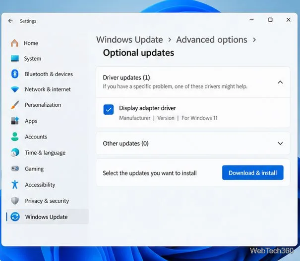 Setările Windows 11 afișează Actualizări opționale cu un driver grafic selectat și Descărcare și instalare disponibile.