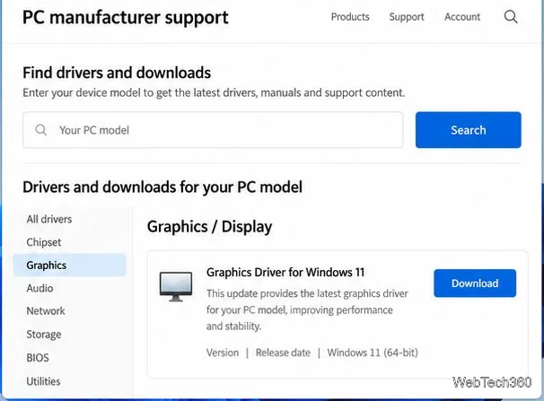 O pagină de asistență a producătorului de computer cu o căutare de model și un rezultat al driverului grafic/de afișare Windows 11.
