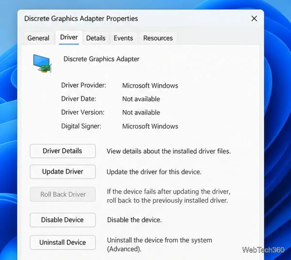 O casetă de dialog Proprietăți adaptor grafic din fila Driver, unde sunt afișate furnizorul, data și versiunea.