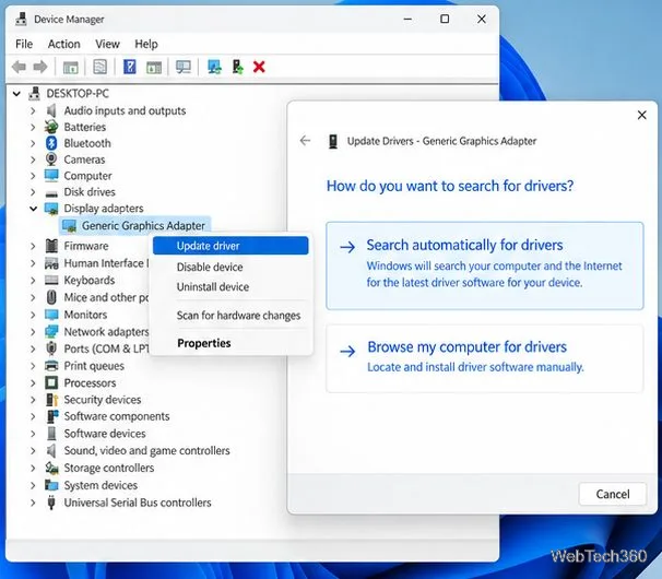 Manager dispozitive cu adaptoare de afișare extinse, meniul Actualizare driver și Căutare automată drivere.