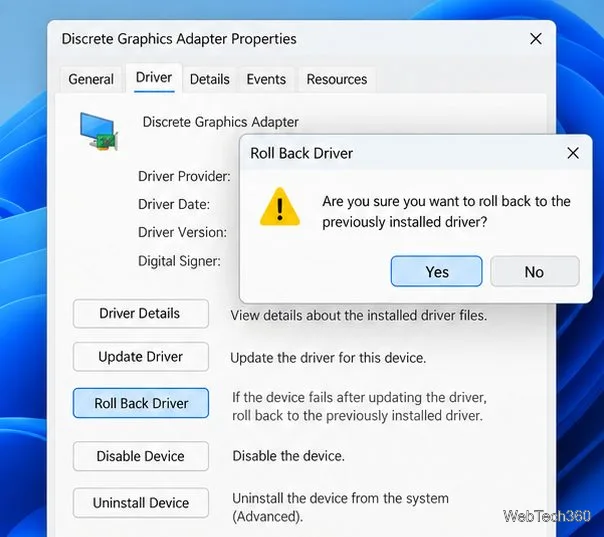 O filă Driver adaptor grafic cu opțiunea Roll Back Driver selectată și o casetă de dialog de confirmare.