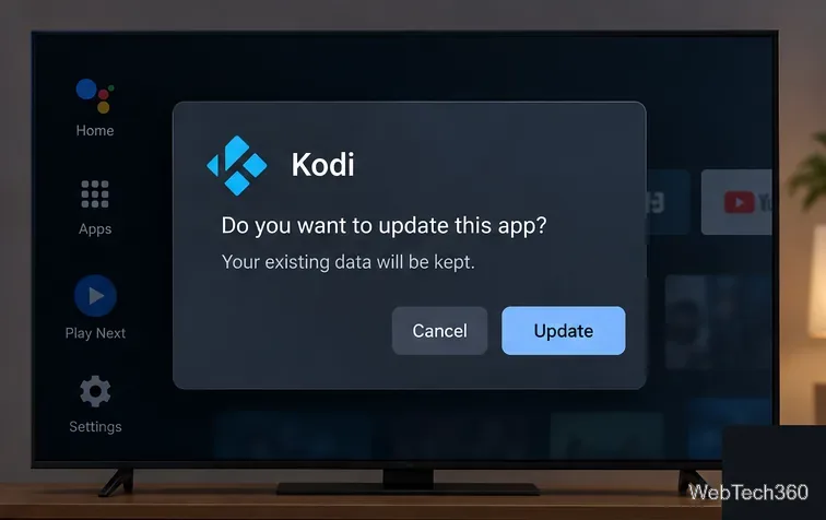 В установщике пакета Android TV появляется запрос на обновление Kodi с кнопкой «Обновить».