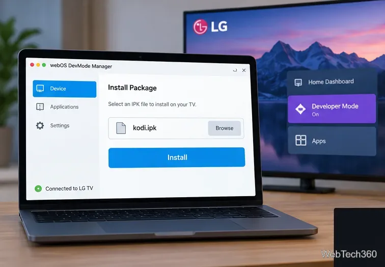 Ноутбук, подключенный к телевизору LG webOS, с диалоговым окном выбора пакета в DevMode Manager, где выбран файл kodi.ipk и нажата кнопка «Установить».