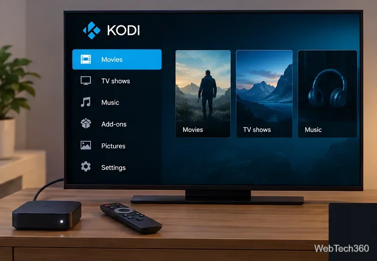 Главный экран Kodi отображается на телевизоре, подключенном через HDMI к внешнему устройству для потоковой передачи.