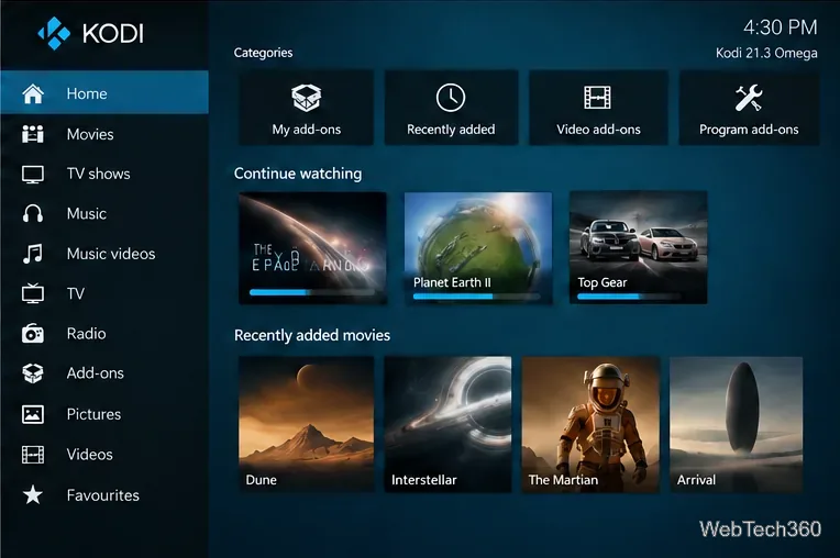 После установки домашний экран Kodi снова открылся, и на нем отображалась надпись «Kodi 21.3 Omega».