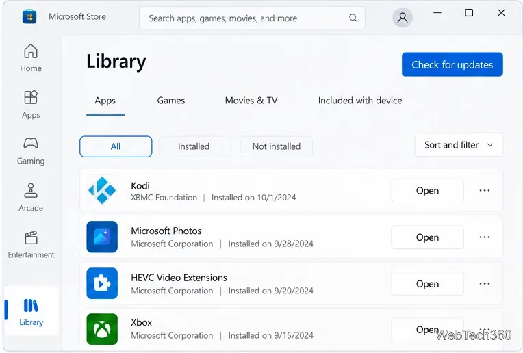 Библиотека Microsoft Store с указанием Kodi и кнопкой «Проверить наличие обновлений».