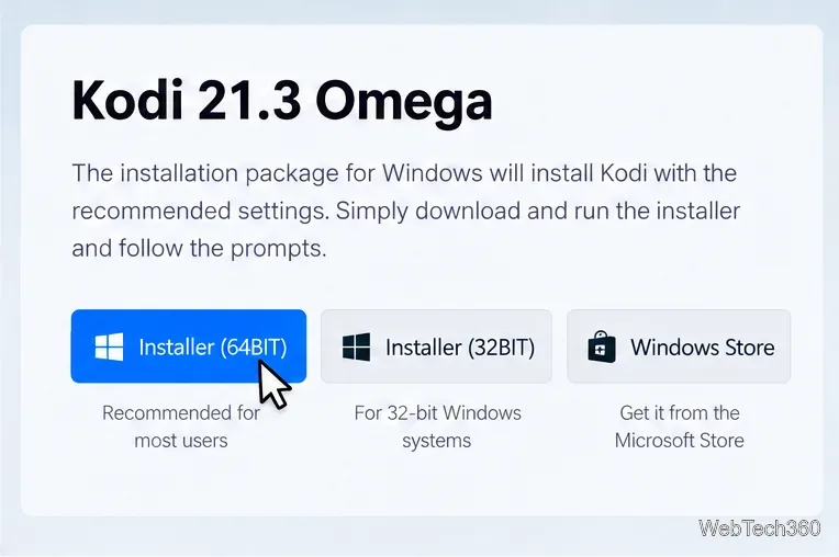 В настройках установщика Kodi для Windows доступны варианты для 64-битных и 32-битных систем, при этом выбран 64-битный установщик.