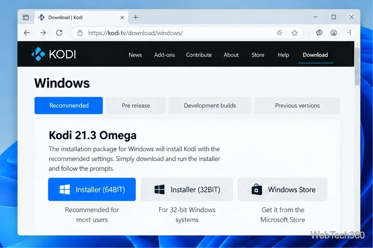 Официальная страница загрузки Kodi для Windows с выбранной вкладкой «Рекомендуемые» и отображением Kodi 21.3 Omega.