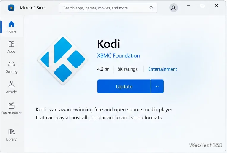 В магазине Microsoft Store отображается страница Kodi с кнопкой «Обновить», готовой к выбору.