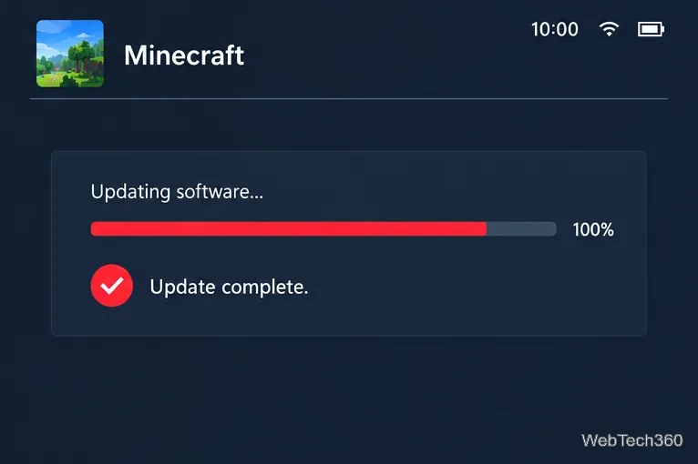 Minecraft update status screen showing a completed software update