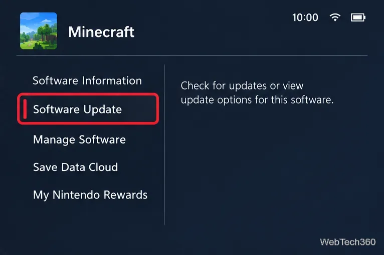 Nintendo Switch software options with Software Update highlighted for Minecraft