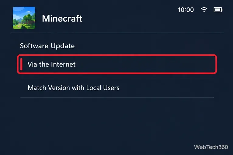 Minecraft software update menu with Via the Internet selected