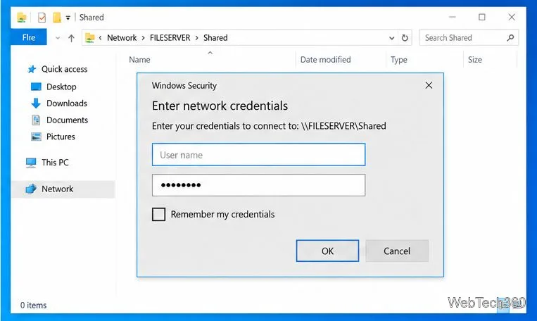 Monit zabezpieczeń systemu Windows z prośbą o podanie danych uwierzytelniających sieci w celu otwarcia folderu współdzielonego, przy niezaznaczonej opcji Zapamiętaj moje dane uwierzytelniające