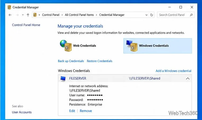 Poświadczenia systemu Windows w Menedżerze poświadczeń zostały rozszerzone, aby wyświetlić zapisany login do folderu współdzielonego FILESERVER i opcję edycji