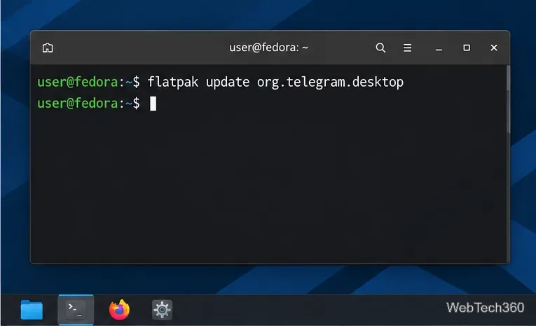 Fedora Linux terminal showing the Flatpak command to update Telegram Desktop