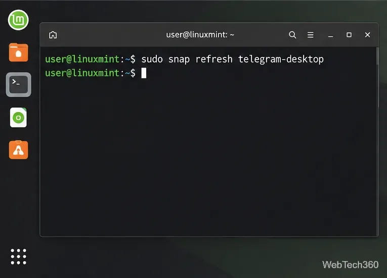 Linux Mint terminal showing sudo snap refresh telegram-desktop
