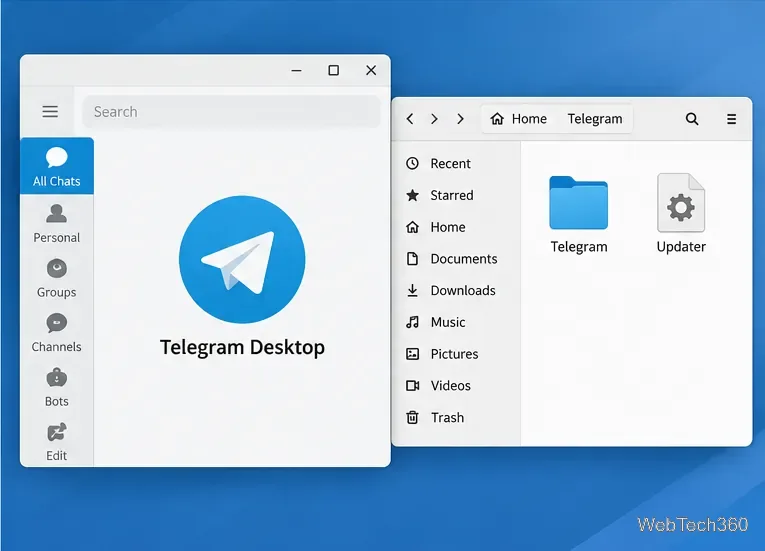 Telegram Desktop window beside a Linux file manager showing Telegram and Updater files
