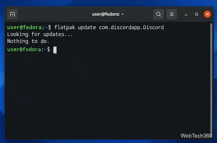 Linux terminal running flatpak update for the Discord application ID