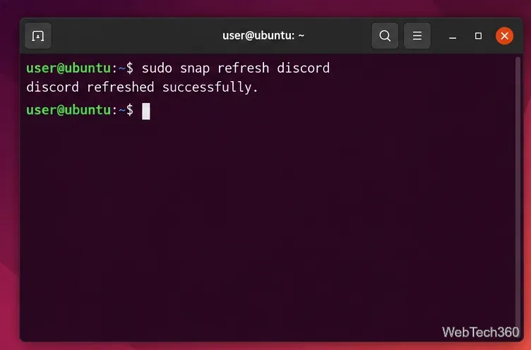 Ubuntu terminal successfully refreshing the Discord Snap package