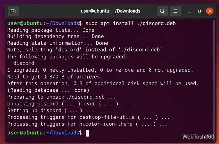 Ubuntu terminal installing a newer Discord DEB package with apt