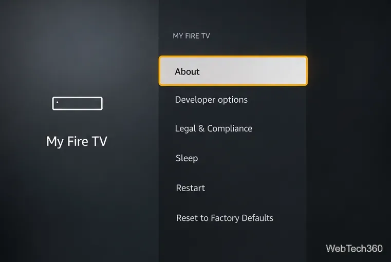 Le menu des paramètres de ma Fire TV affiche « À propos de l'appareil sélectionné » au-dessus des autres commandes.