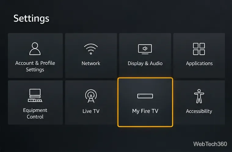 Tuiles des paramètres Fire TV avec Ma Fire TV mise en évidence