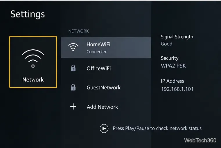 Paramètres réseau Fire TV avec un réseau Wi-Fi sélectionné et une indication de vérification du réseau Lecture/Pause