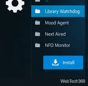ライブラリ ウォッチドッグが選択され、インストールが可能な Kodi サービス リポジトリ