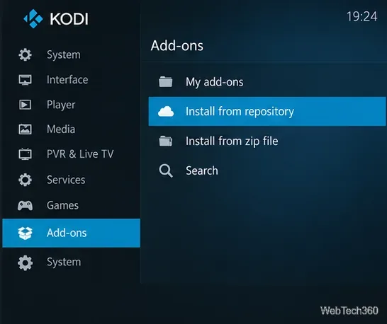 Kodiアドオン設定で「リポジトリからインストール」が選択されています。