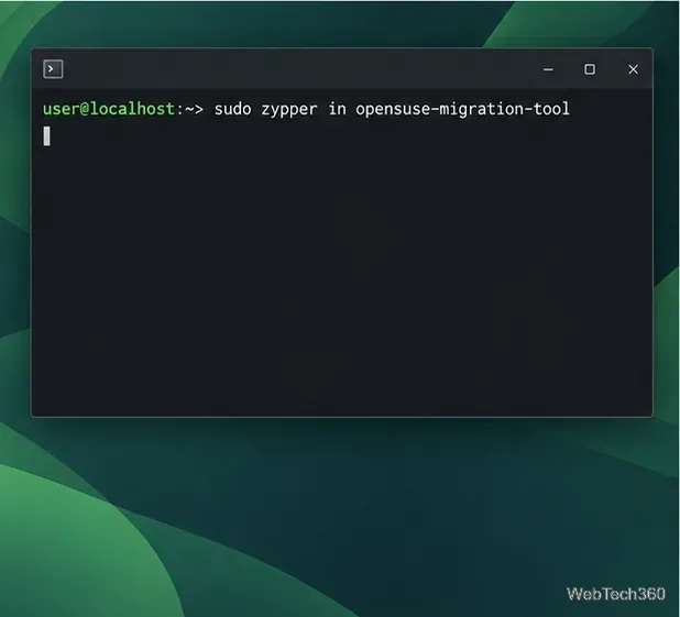 Un terminal contenant la commande permettant d'installer opensuse-migration-tool à partir des dépôts système actuels.