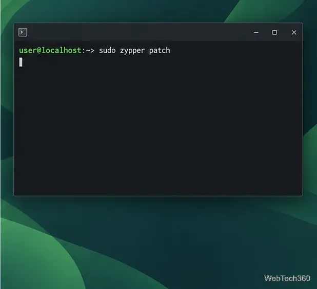 Un terminal avec la commande sudo zypper patch saisie avant la migration de version.