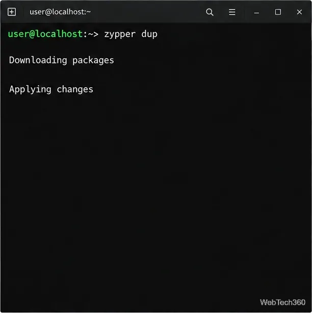 Un terminal affichant zypper téléchargeant des paquets et appliquant des modifications lors d'une migration Leap.