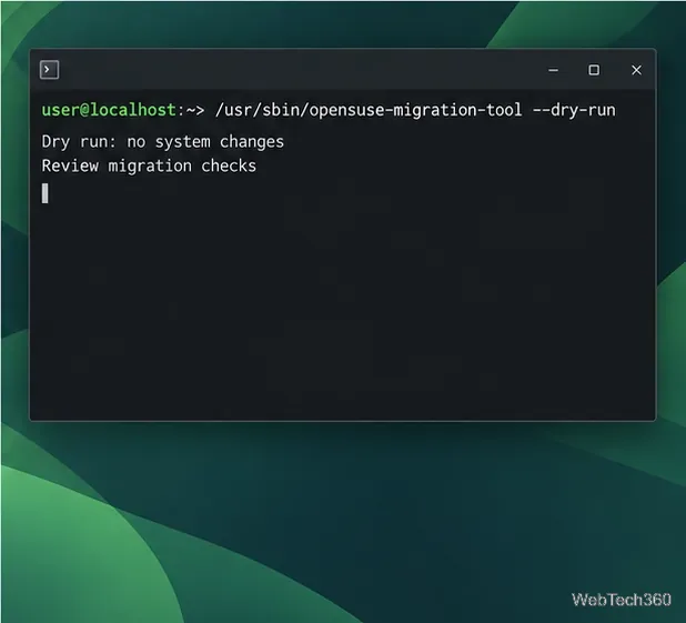 Un terminal exécutant l'outil de migration en mode test à blanc, avec la mention qu'il n'apporte aucune modification au système.