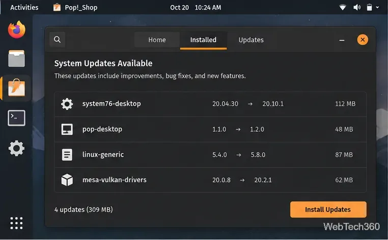 Pop!_Shop Installed view with available system updates and an Install Updates button