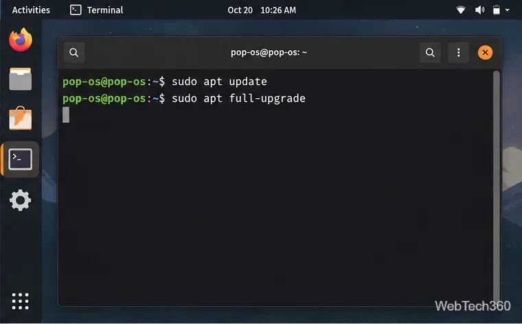 Pop!_OS Terminal displaying sudo apt update and sudo apt full-upgrade