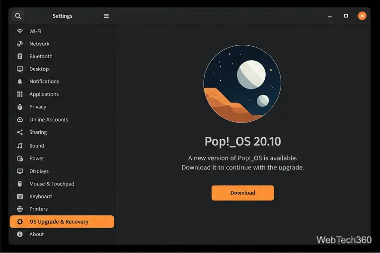 Pop!_OS OS Upgrade & Recovery page offering Pop!_OS 20.10 with a Download button