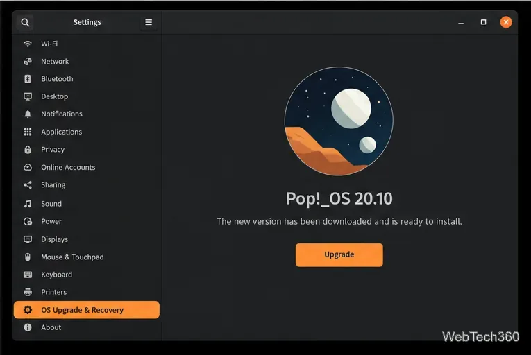 Pop!_OS 20.10 upgrade page showing the Upgrade button after the download completes