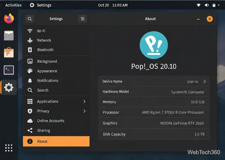 Pop!_OS Settings About page identifying the installed system as Pop!_OS 20.10