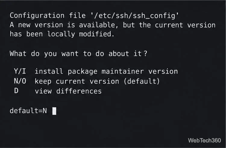 Illustrative Ubuntu package configuration prompt comparing a locally modified SSH configuration file with the package version