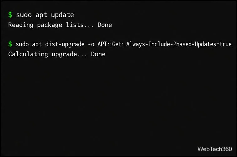 Illustrative terminal running apt update and the Ubuntu-recommended dist-upgrade command with phased updates included