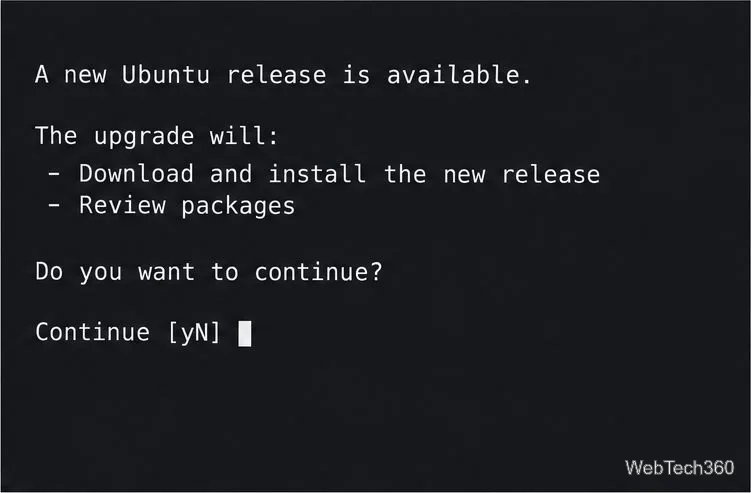 Illustrative release-upgrade confirmation prompt showing a summary before continuing