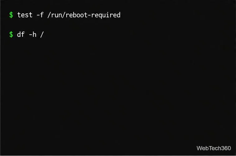 Illustrative terminal commands for checking the root filesystem space and reboot-required marker
