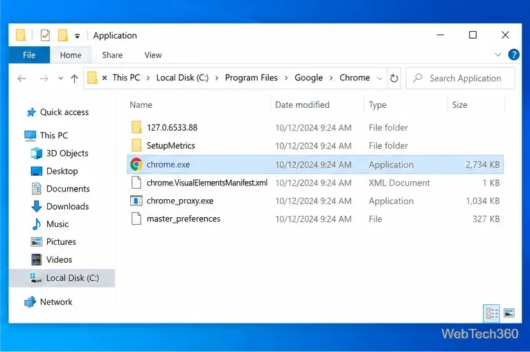 เมื่อเปิด File Explorer แล้ว ให้ไปที่โฟลเดอร์แอปพลิเคชัน Google Chrome และเลือก chrome.exe ไว้