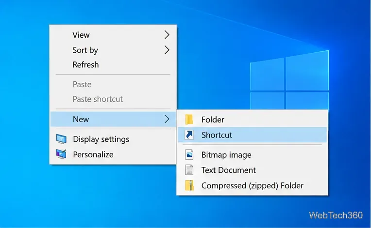 เมนูบริบทบนเดสก์ท็อปของ Windows 10 เมื่อเลือก "สร้างใหม่" และ "ทางลัด" ไว้