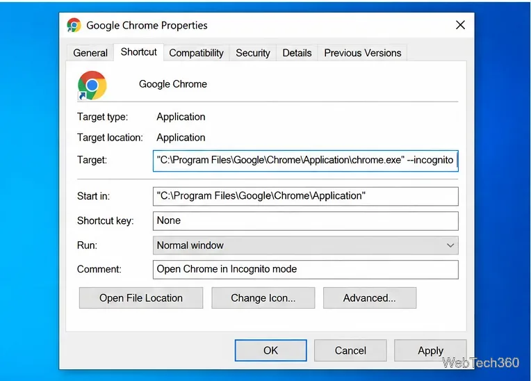 คุณสมบัติของทางลัด Google Chrome แสดง --incognito ต่อท้ายเส้นทางไฟล์ปฏิบัติการที่อยู่ในเครื่องหมายคำพูด