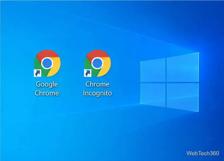 เดสก์ท็อป Windows 10 พร้อมทางลัดแยกต่างหากสำหรับ Google Chrome และ Chrome โหมดไม่ระบุตัวตน