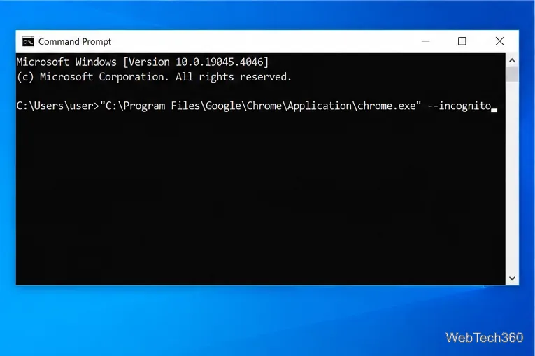 หน้าต่าง Command Prompt ที่รัน Chrome โดยใช้ตัวเลือกบรรทัดคำสั่ง --incognito