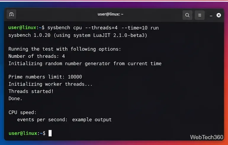 Linux terminal running a Sysbench CPU test with four threads